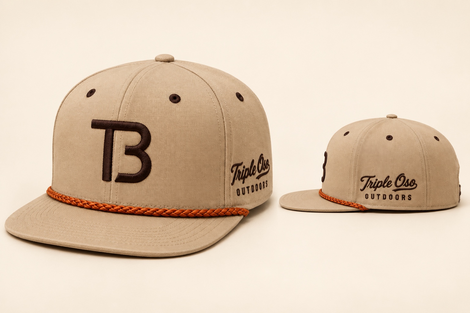 Front and side design previews of a tan Triple Oso cap with dark brown embroidery, brown eyelets, and orange rope.
